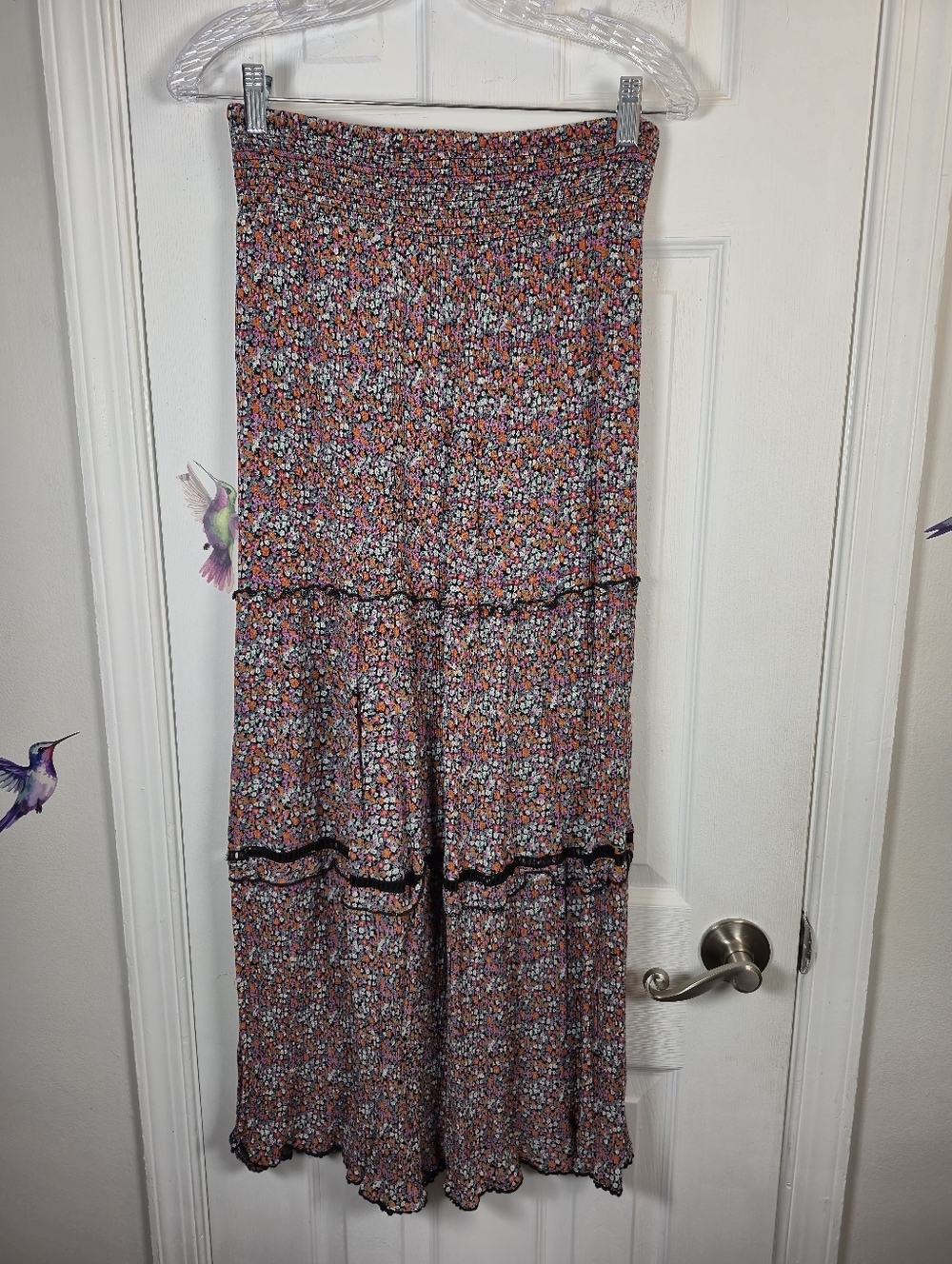 ​Bila Floral Tiered Boho Maxi Skirt Smocked Waist Lace Trim Small